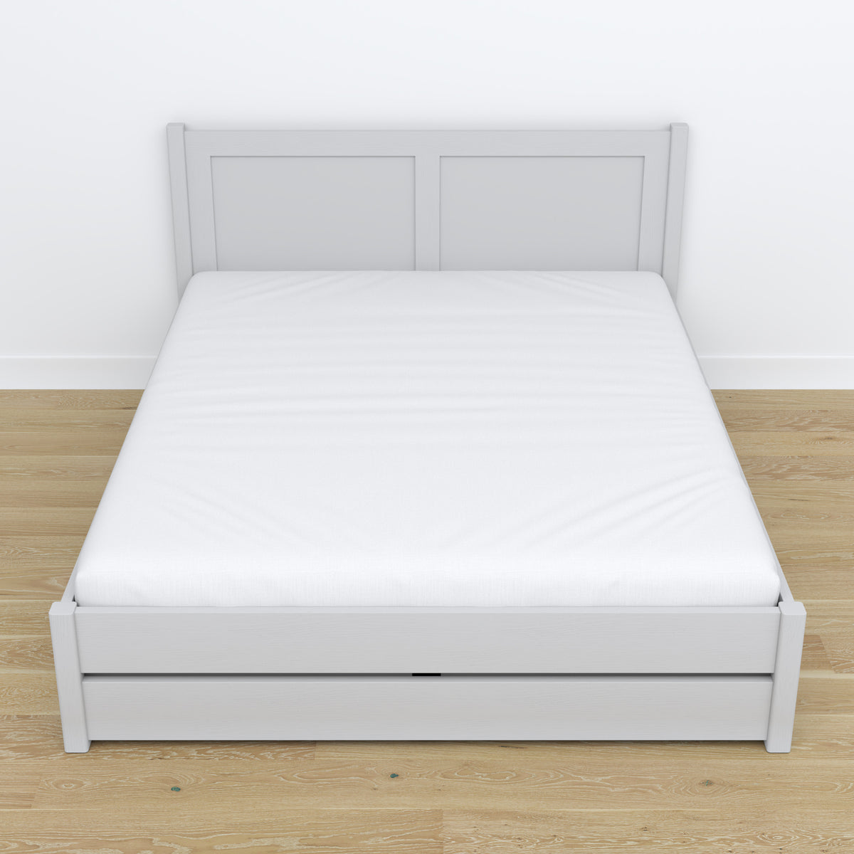 Double bed with wooden drawer grey – angled view, scandi bedroom