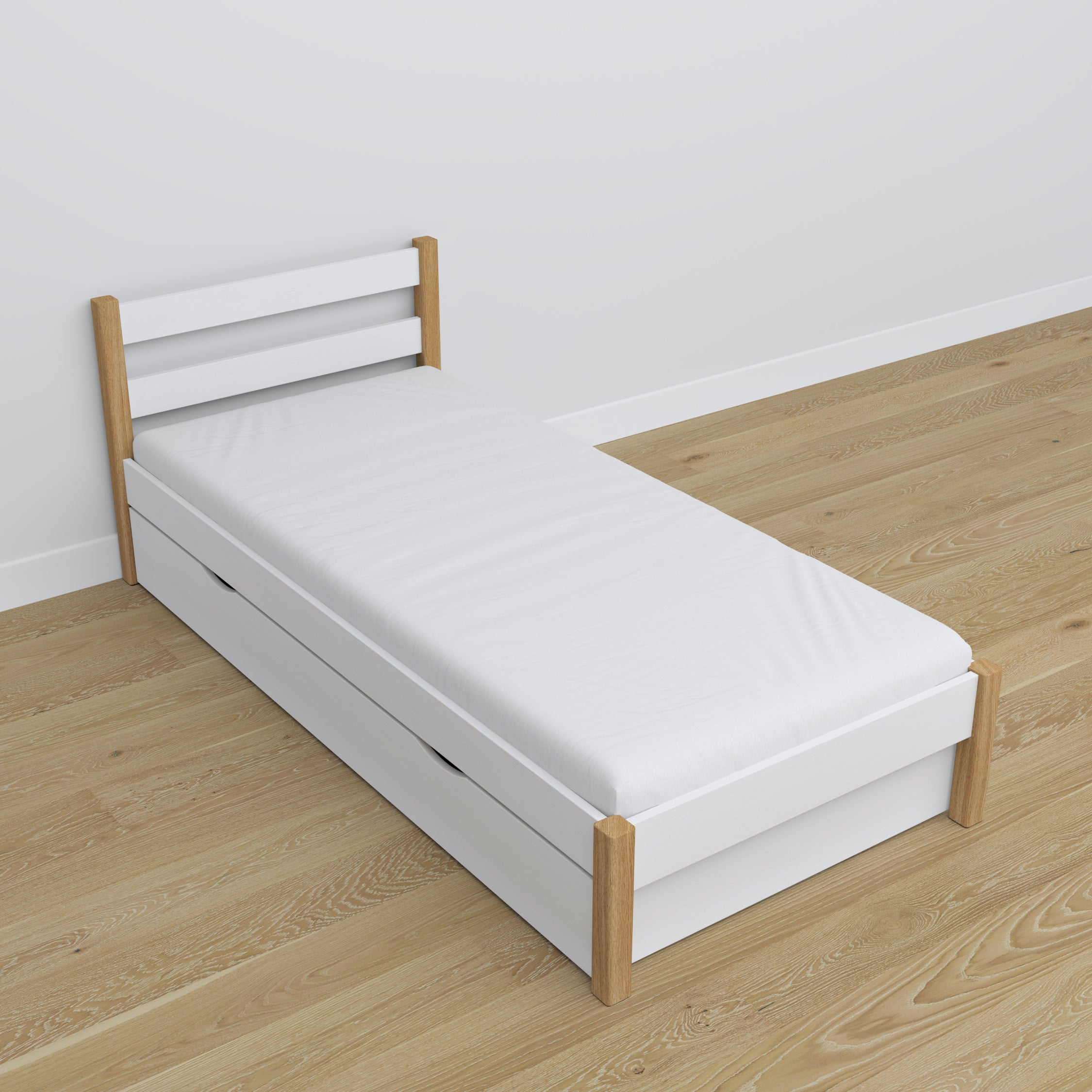 Wooden bed with drawer white-oak – dimensions and diagram, Nizio Home
