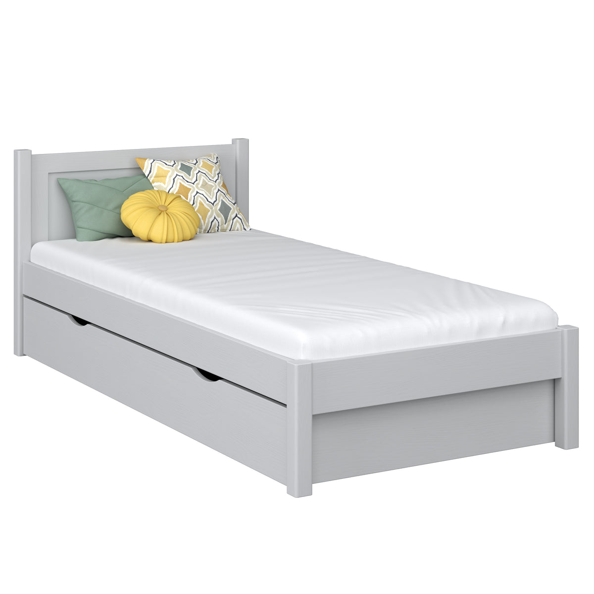 Wooden bed with drawer grey – open drawer, storage interior