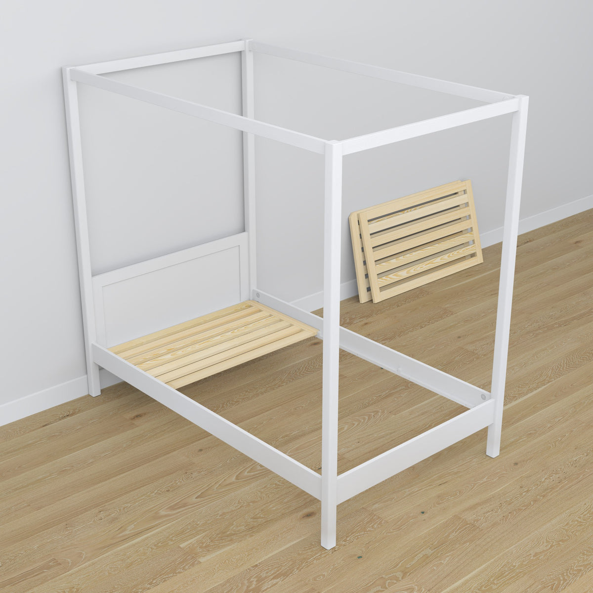 Wooden canopy bed white – scandi child’s room arrangement