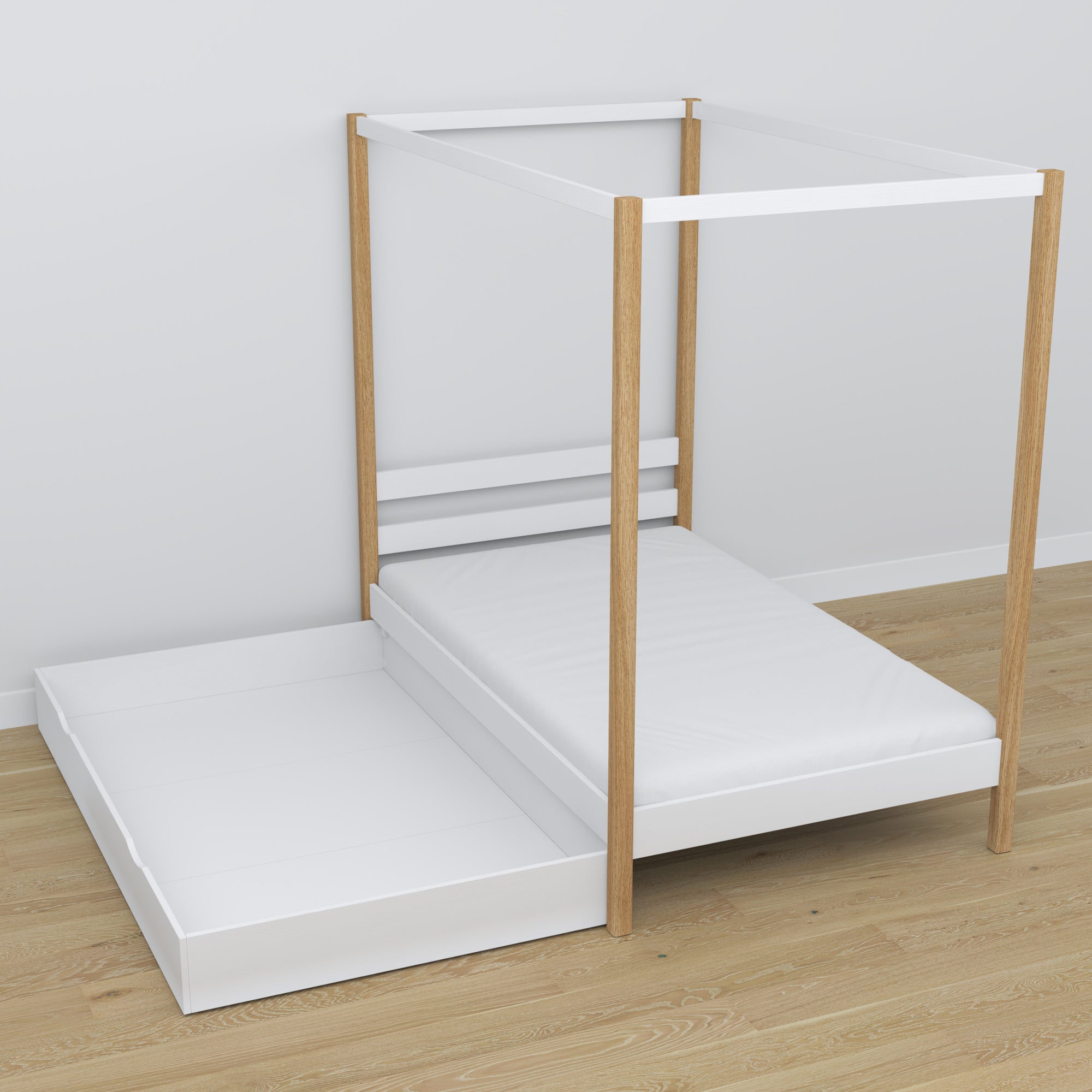 Seng i hvid og egetræ med baldakin og skuffe - set fra siden, træ