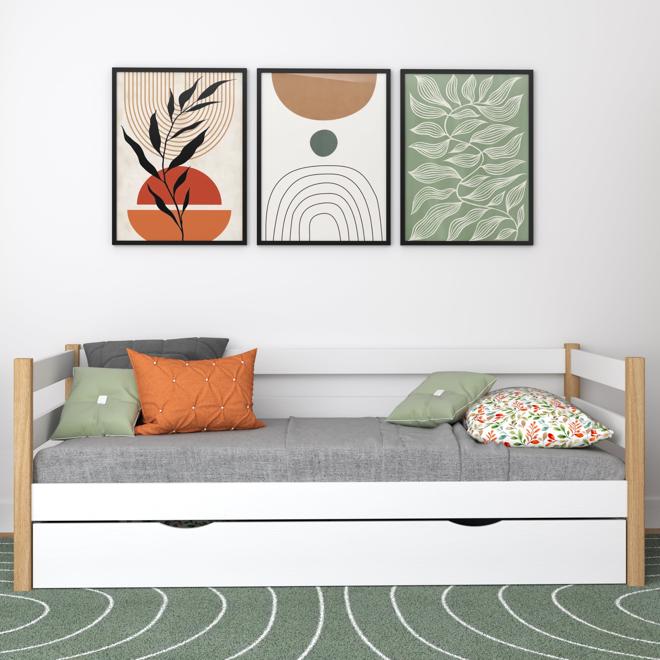 Wooden sofa bed with drawer white-oak – child’s room, scandi style Nizio