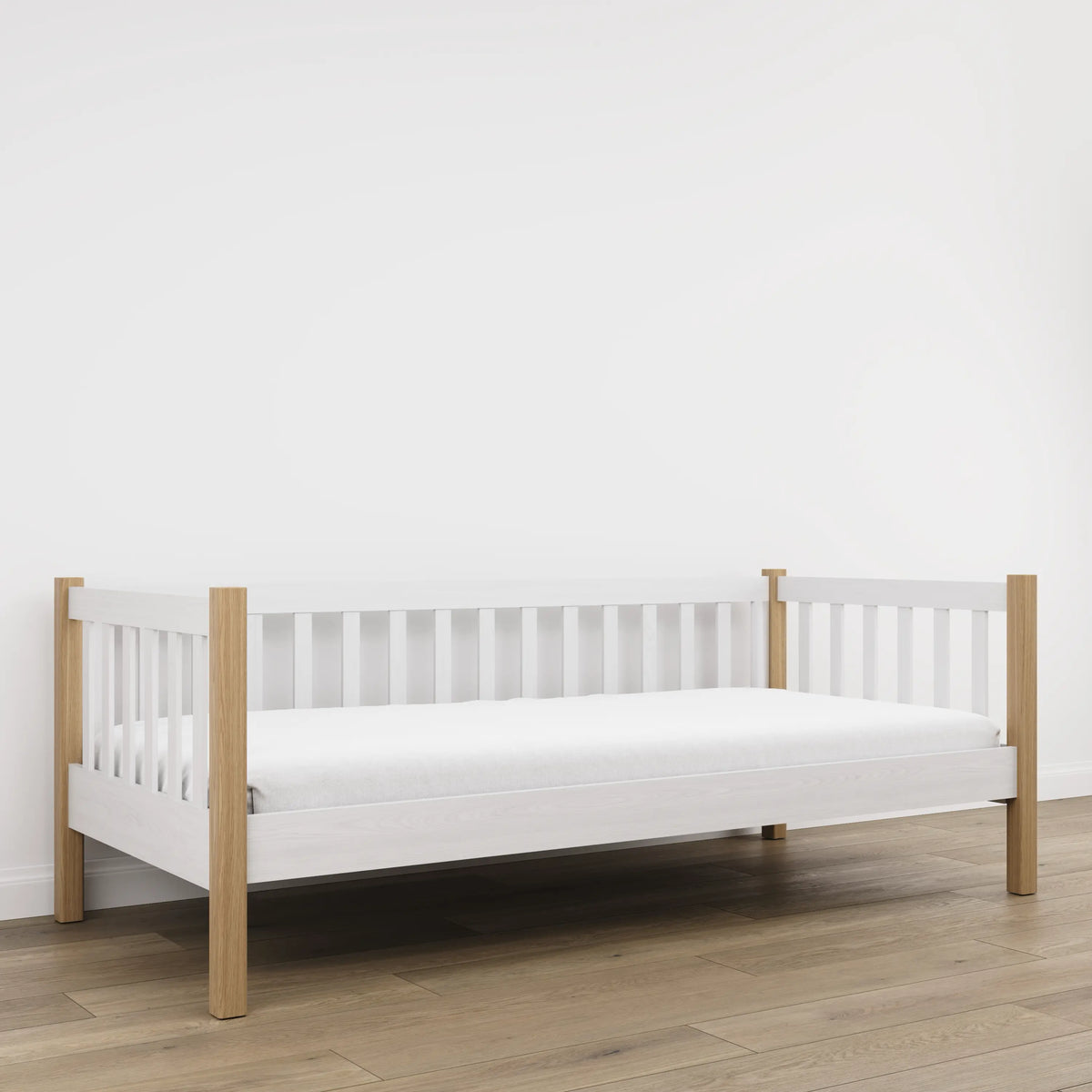 Łóżko sofa biały z dębem – boczna bariera drewniane, bezpieczeństwo dla dzieci