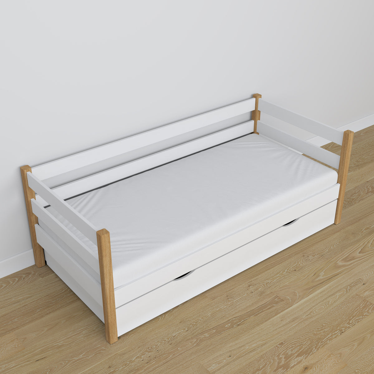 Wooden sofa bed with drawer white-oak – child’s room, scandi arrangement