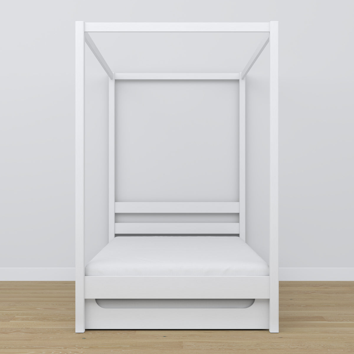 Canopy bed with drawer for mattress white made of wood – dimensions, Nizio