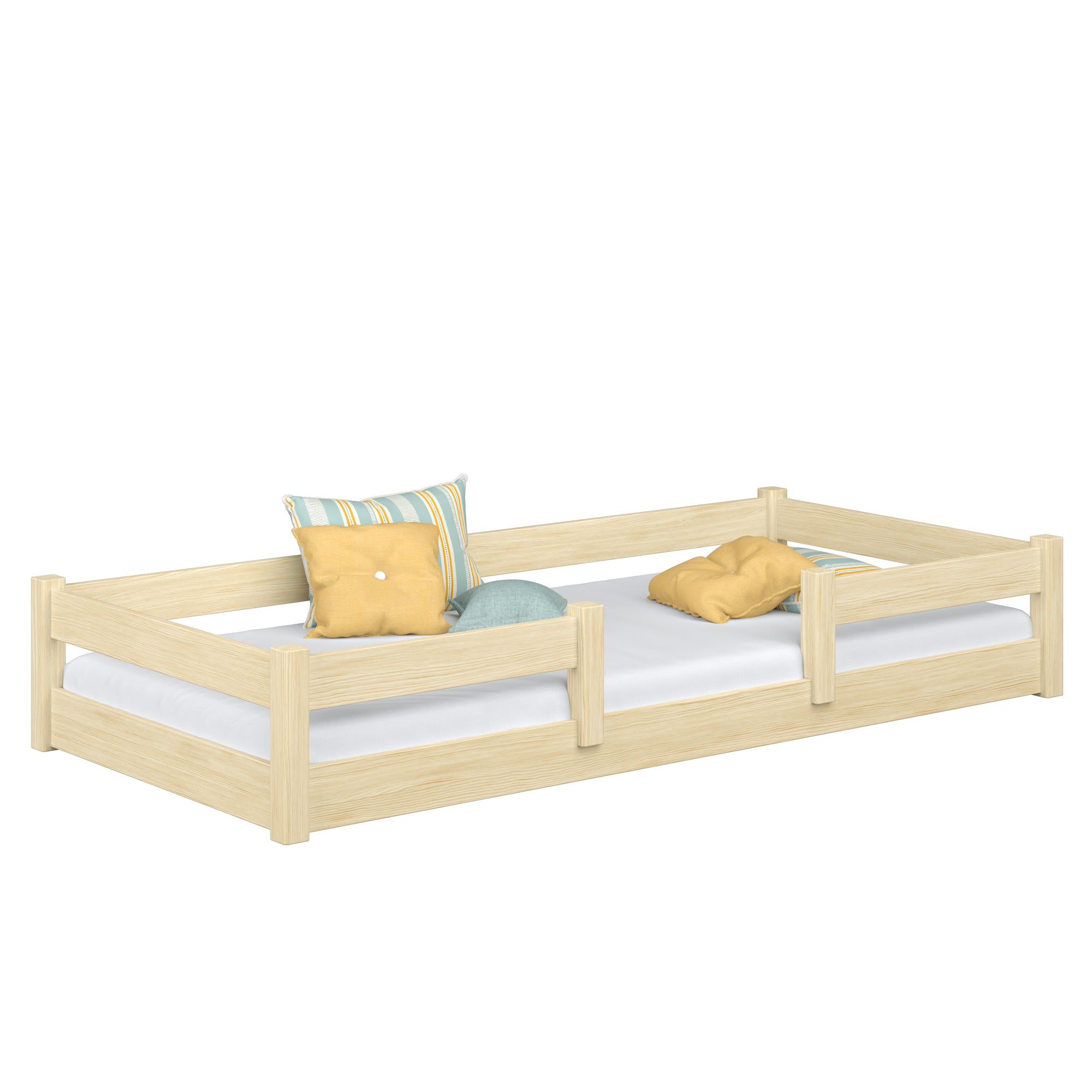 Low Wooden Clear Pine Bed – Bedroom, Solid Wood, Scandinavian Style, Nizio