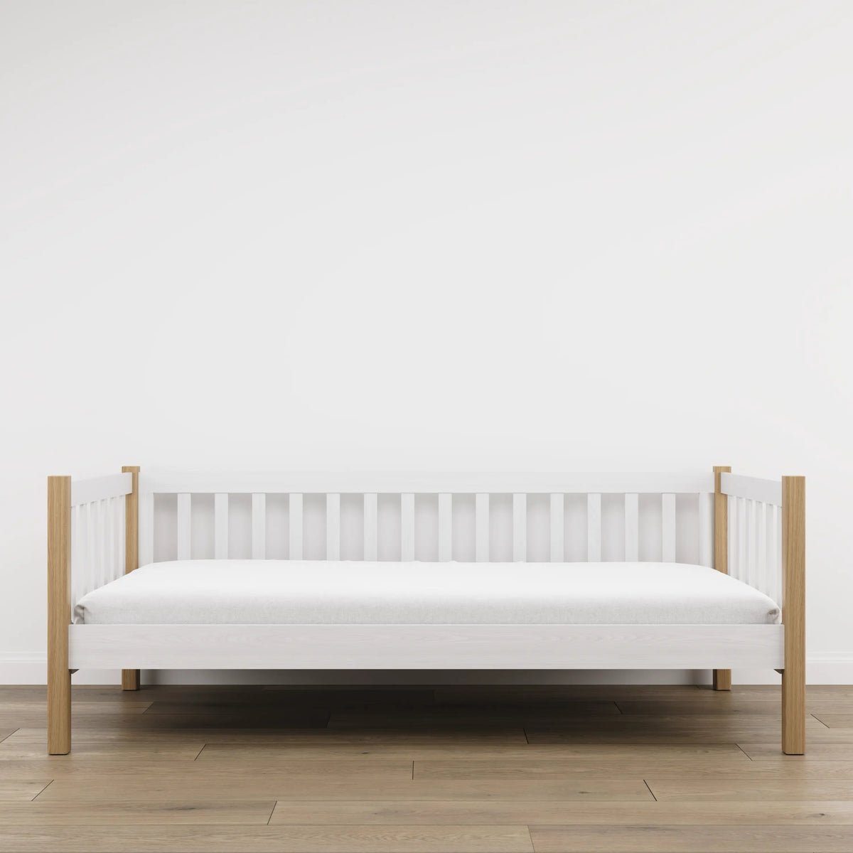 Łóżko sofa drewniane biały z dębem – widok boczny, bryła i proporcje mebla