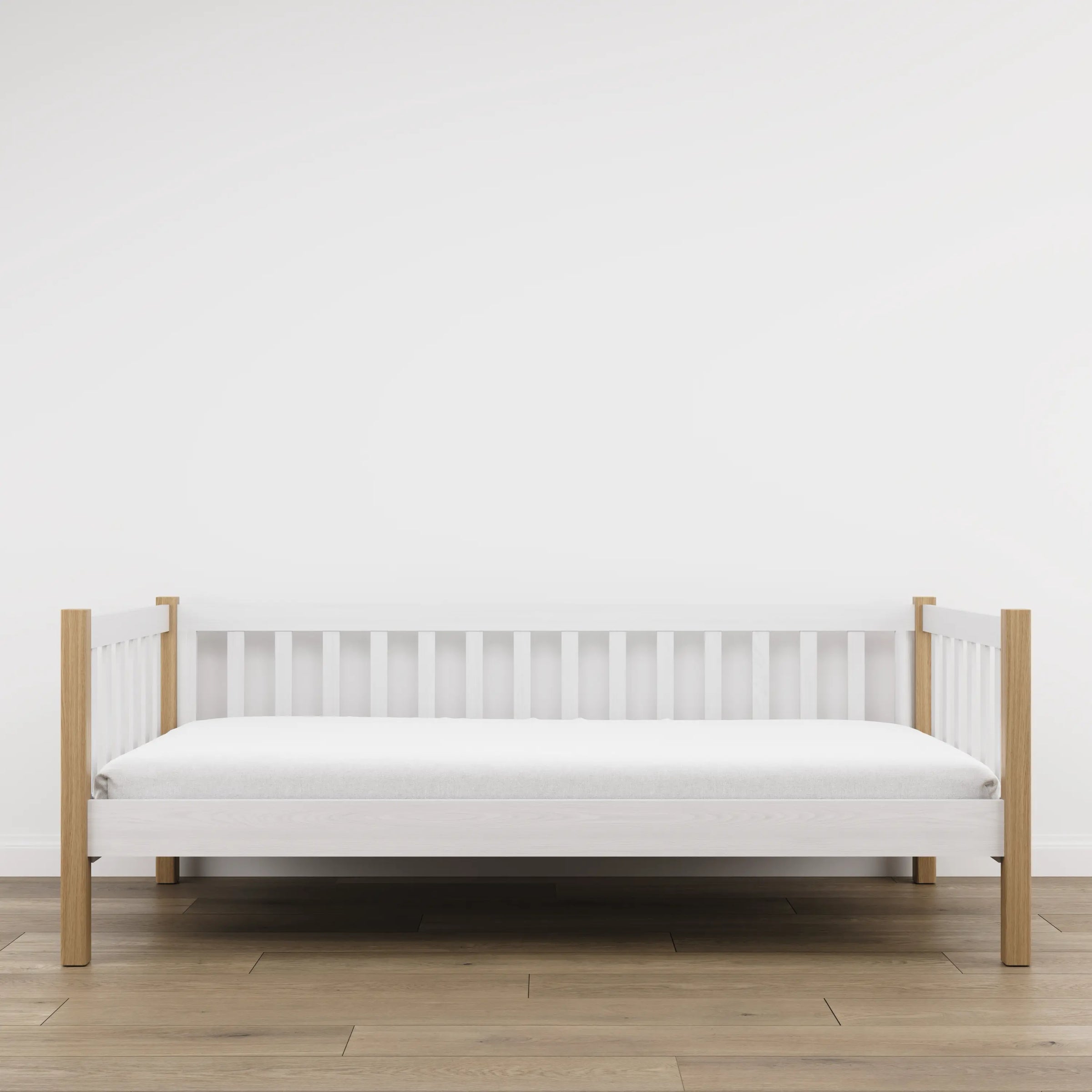 Łóżko sofa drewniane biały z dębem – widok boczny, bryła i proporcje mebla