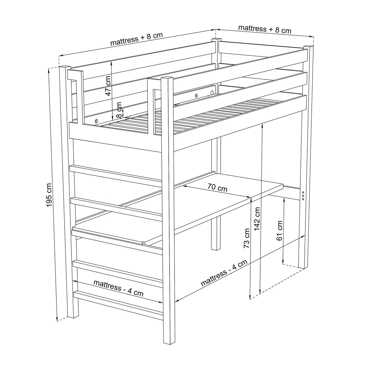 loftseng med skrivebord N01 RAL/NCS – træ, farve der matcher interiøret, Nizio Home