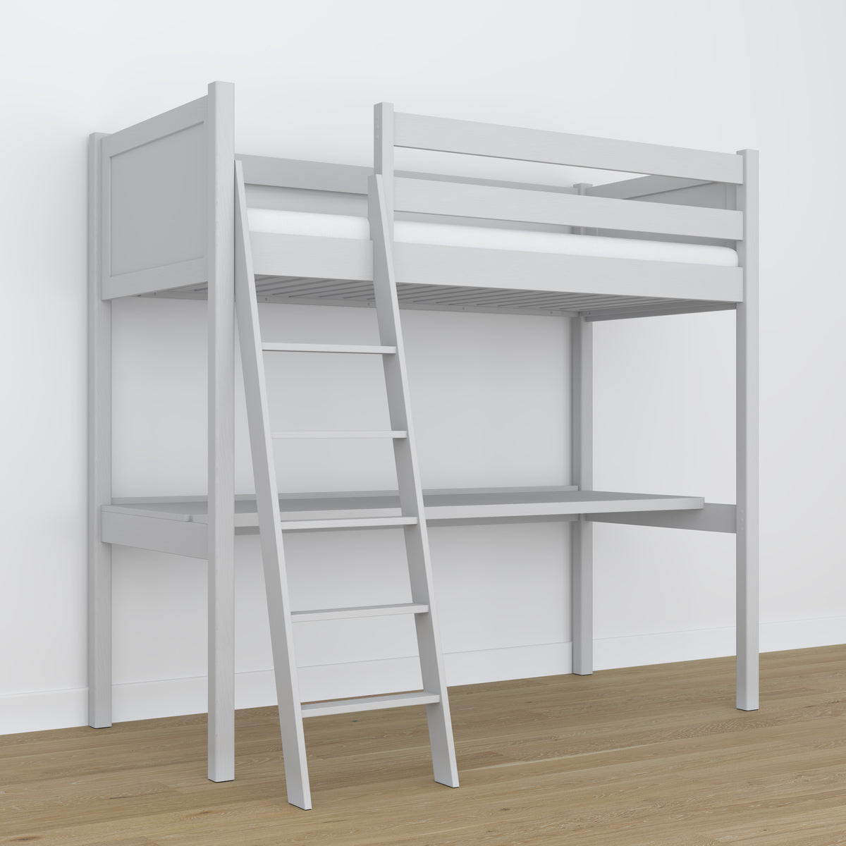 Loftseng i ask med et skrivebord - detaljer om led og stiger