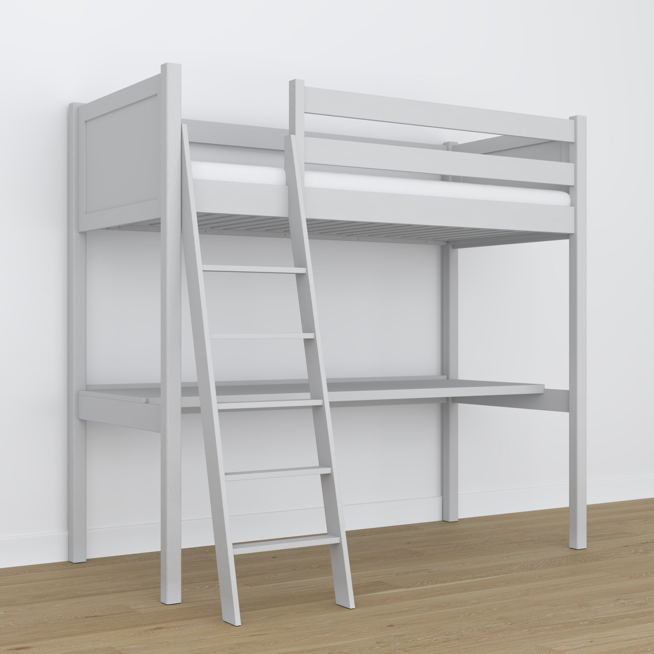 Loftseng i ask med et skrivebord - detaljer om led og stiger