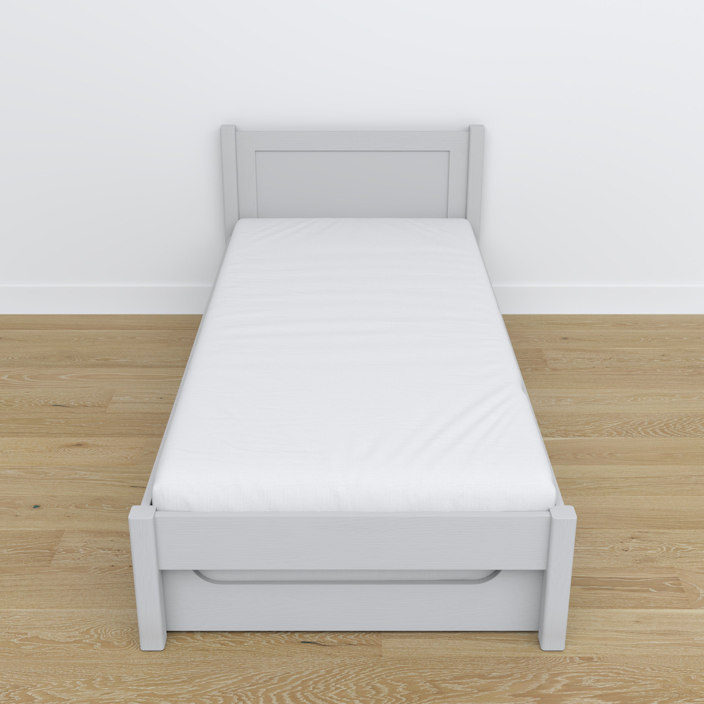 Bed grey – mattress drawer, wooden details, Nizio Home
