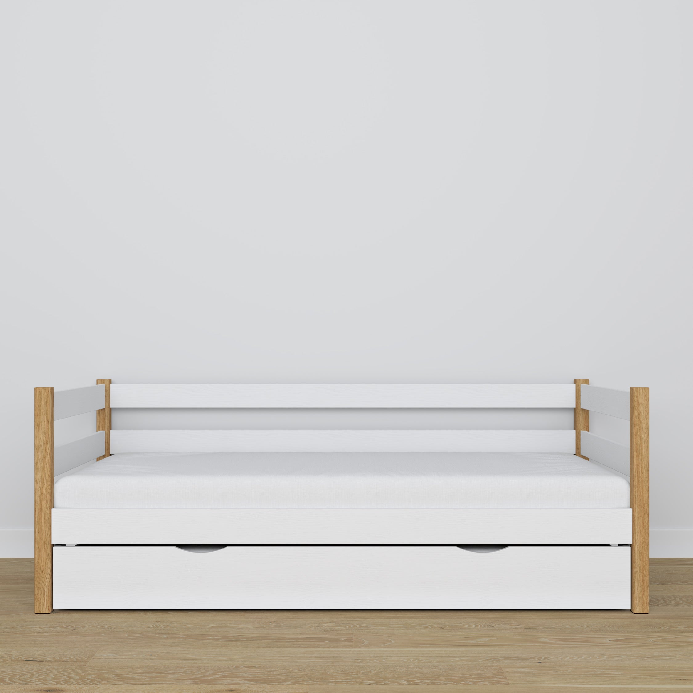 Łóżko sofa z szufladą na materac N01 biało dębowy – dodatkowy widok, ekologiczne drewno