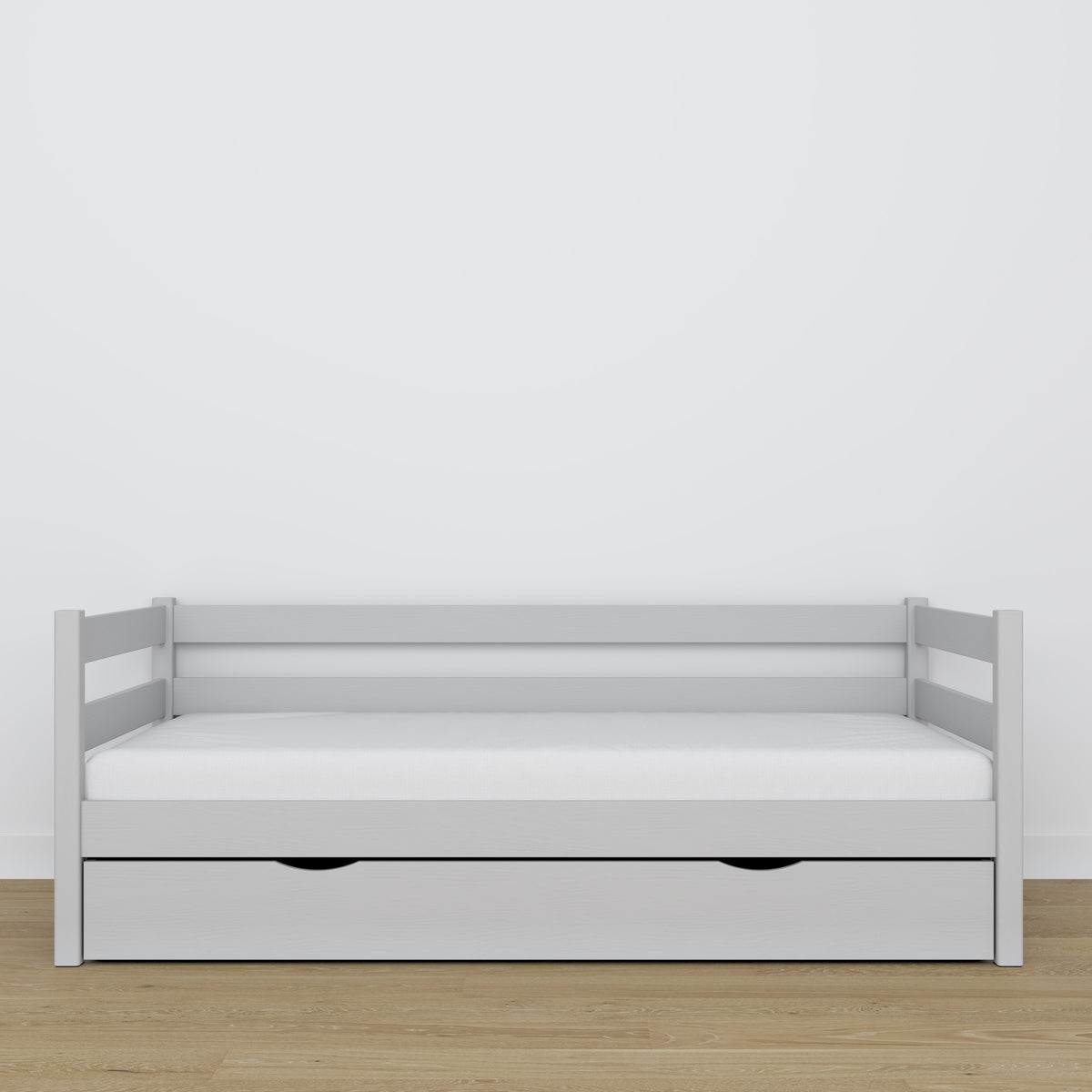 Sovesofa i gråt træ med skuffe - mål og diagram, Nizio