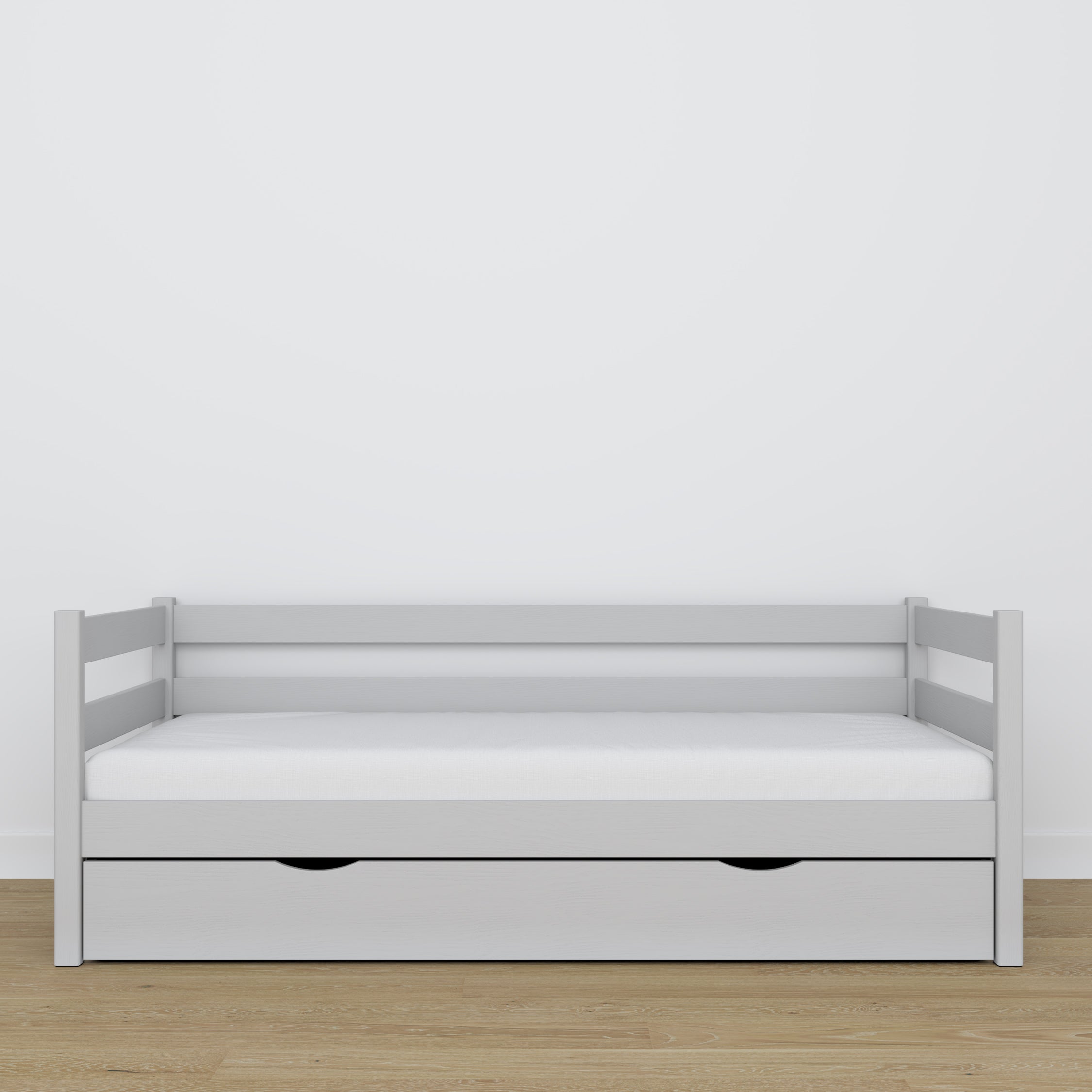 Sovesofa i gråt træ med skuffe - mål og diagram, Nizio