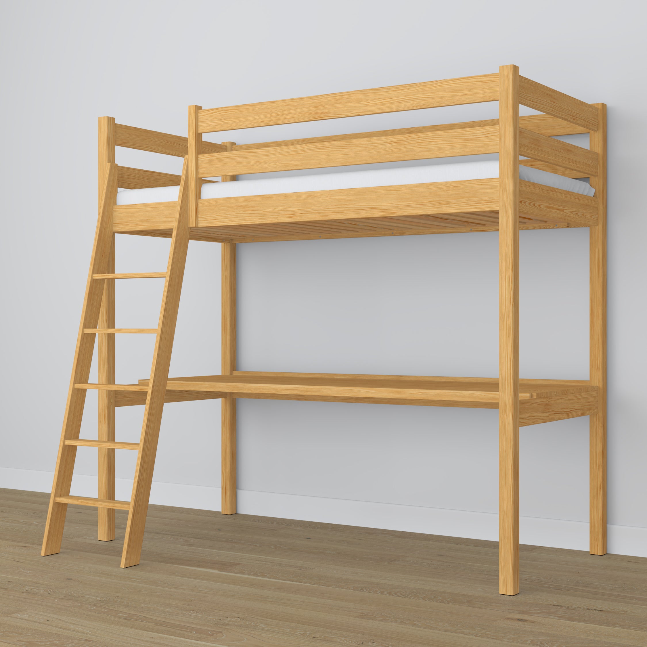 Mezzaninseng af træ i naturfyr med skrivebord – stel og lameller, Nizio
