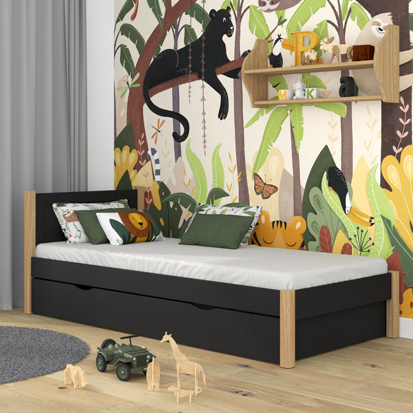 Single bed with drawer wooden black-oak – children’s room, scandi style