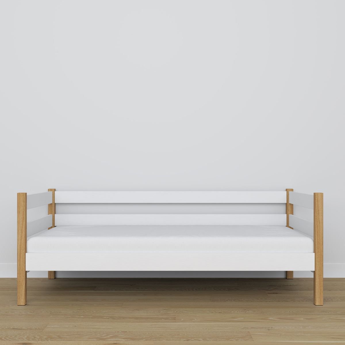 Sovesofa i hvid og egetræ - detaljer af træ og fuger, Nizio Home