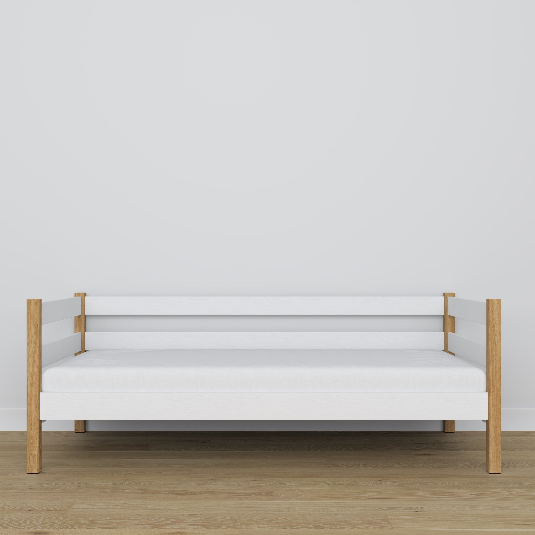 Sovesofa i hvid og egetræ - detaljer af træ og fuger, Nizio Home