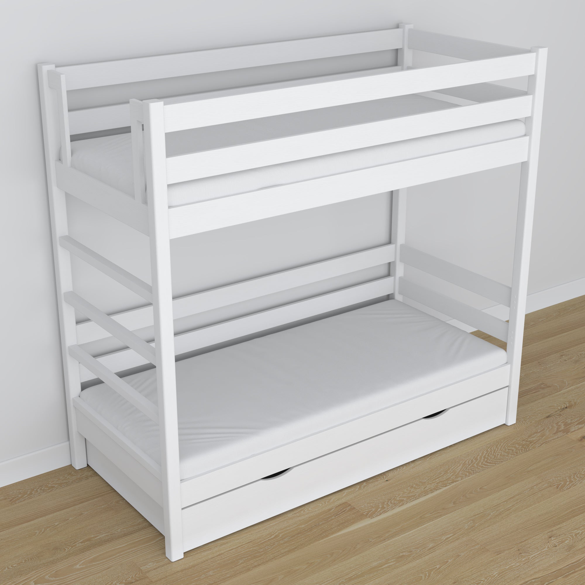 Łóżko piętrowe z szufladą N03 biały – widok z innej perspektywy, solidne drewno