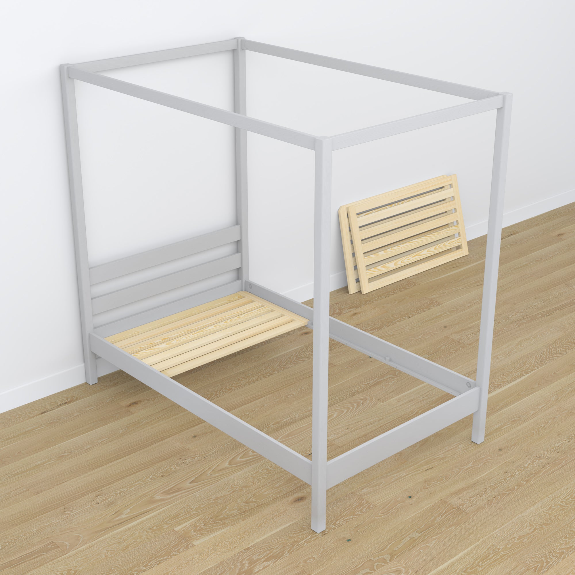 Canopy bed with drawer grey made of wood – dimensions, Nizio