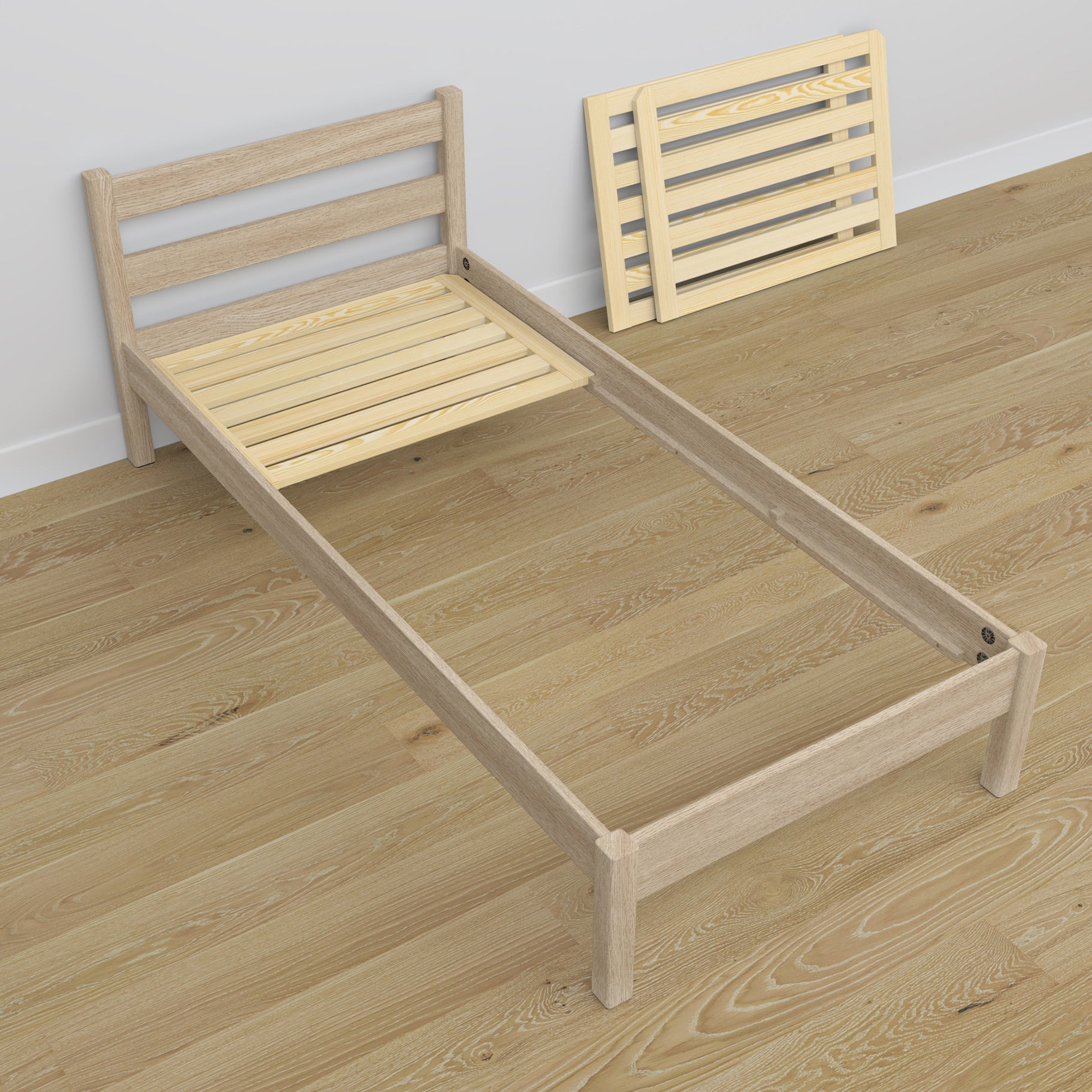 Oak bed with drawer bleached oak – headboard, close-up of wood quality