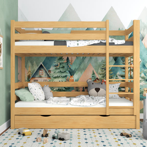 Łóżko piętrowe sosna naturalna z szufladą – barierka i drabinka drewniane, Nizio