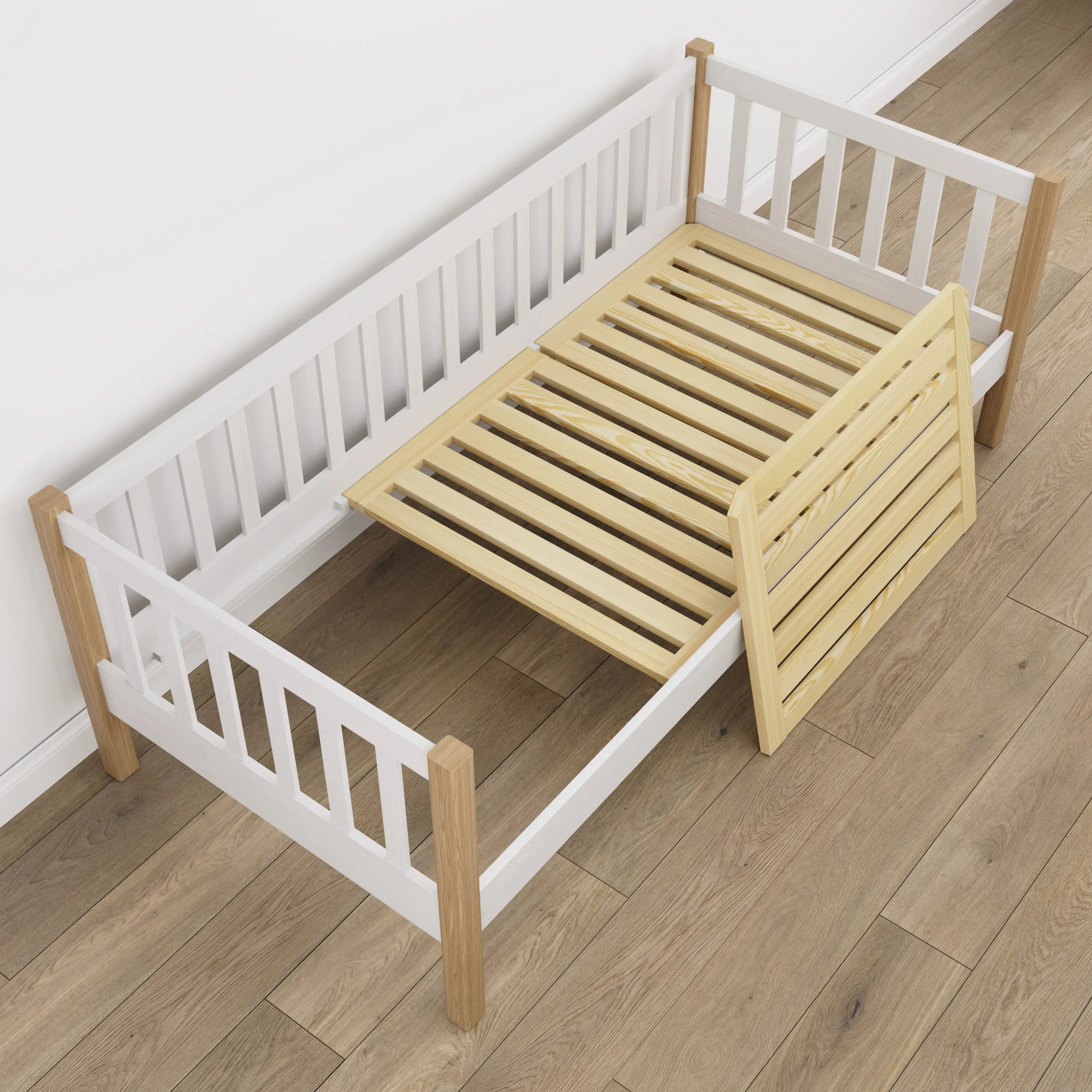 Łóżko sofa drewniane biały z dębem – detale drewna i złączeń, Nizio Home
