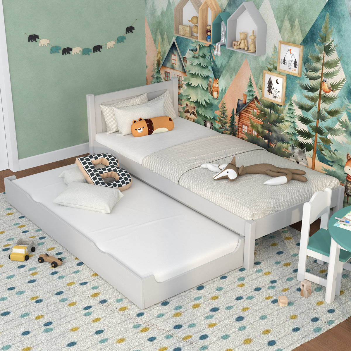 Wooden bed with mattress drawer grey – extended drawer, guest