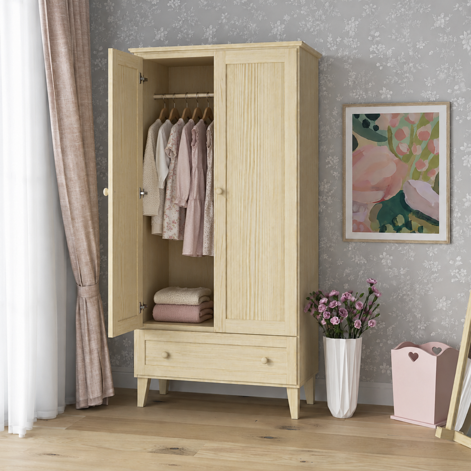 Pine wardrobe 2D1S Scandi clear pine